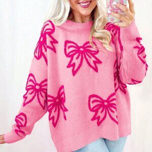 Pink Casual Women's Bow print Round Neck Long Sleeved Pullover Sweater
